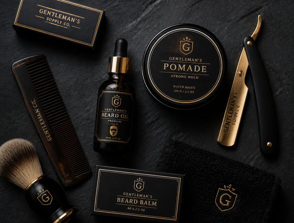 Produtos masculinos de barbearia sobre superfície escura